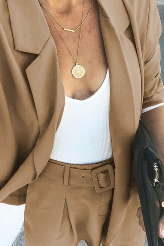 Longline Blazer and Shorts Set with Pockets - ShalayeFashion