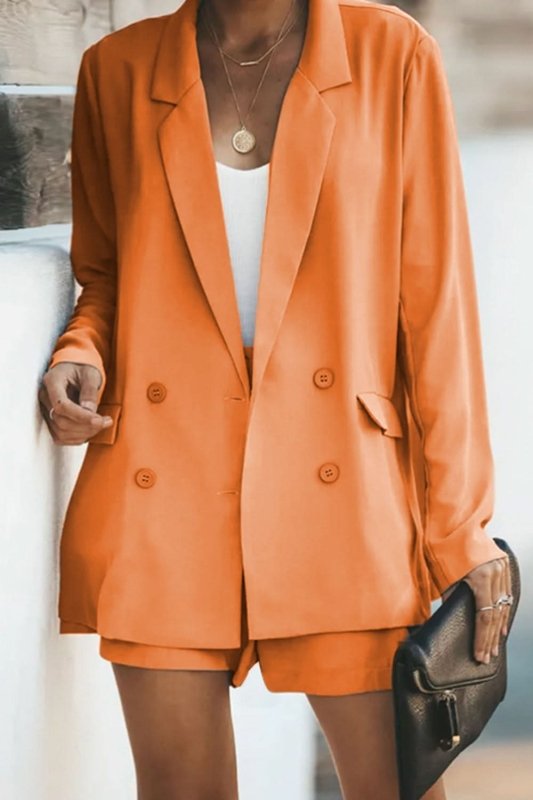 Longline Blazer and Shorts Set with Pockets - ShalayeFashion