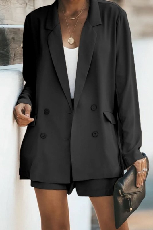 Longline Blazer and Shorts Set with Pockets - ShalayeFashion