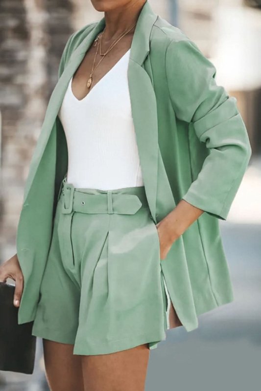 Longline Blazer and Shorts Set with Pockets - ShalayeFashion