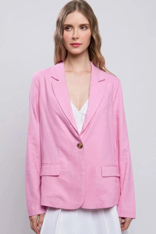 Love Tree One - Button Long Sleeve Linen Blazer - ShalayeFashion