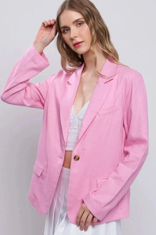 Love Tree One - Button Long Sleeve Linen Blazer - ShalayeFashion