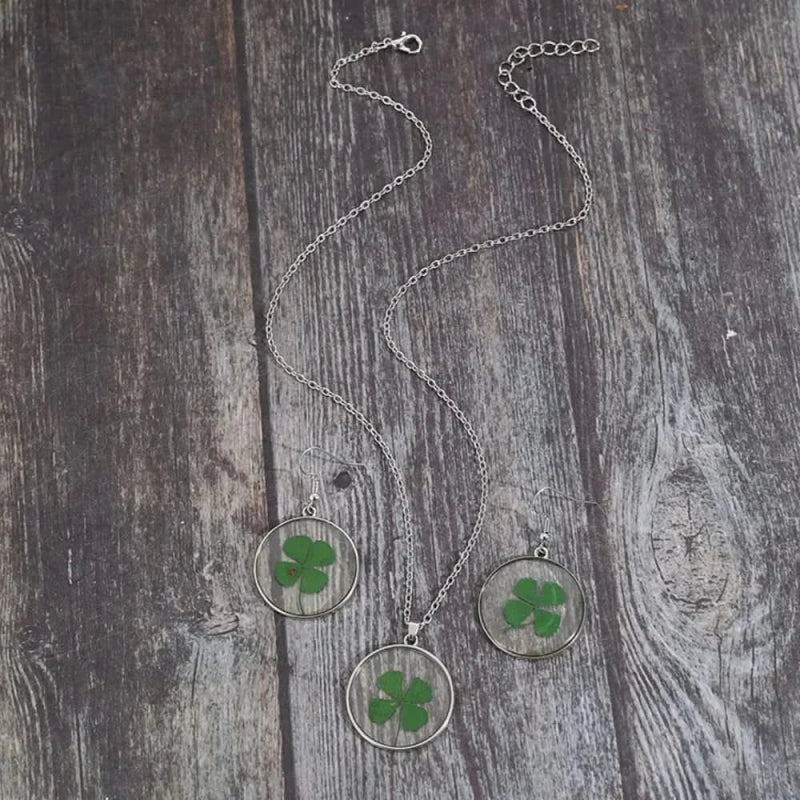 Lucky Clover Alloy Acrylic Earrings and Necklace Jewelry Set - ShalayeFashion