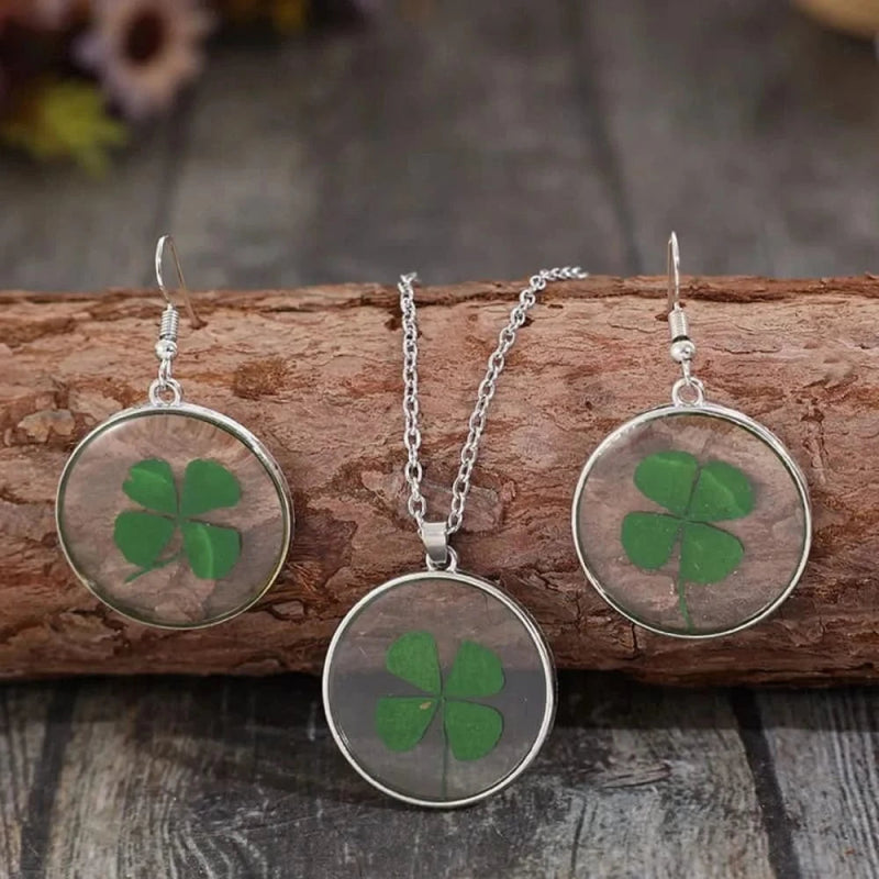 Lucky Clover Alloy Acrylic Earrings and Necklace Jewelry Set - ShalayeFashion