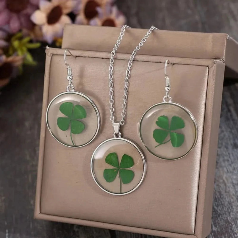 Lucky Clover Alloy Acrylic Earrings and Necklace Jewelry Set - ShalayeFashion