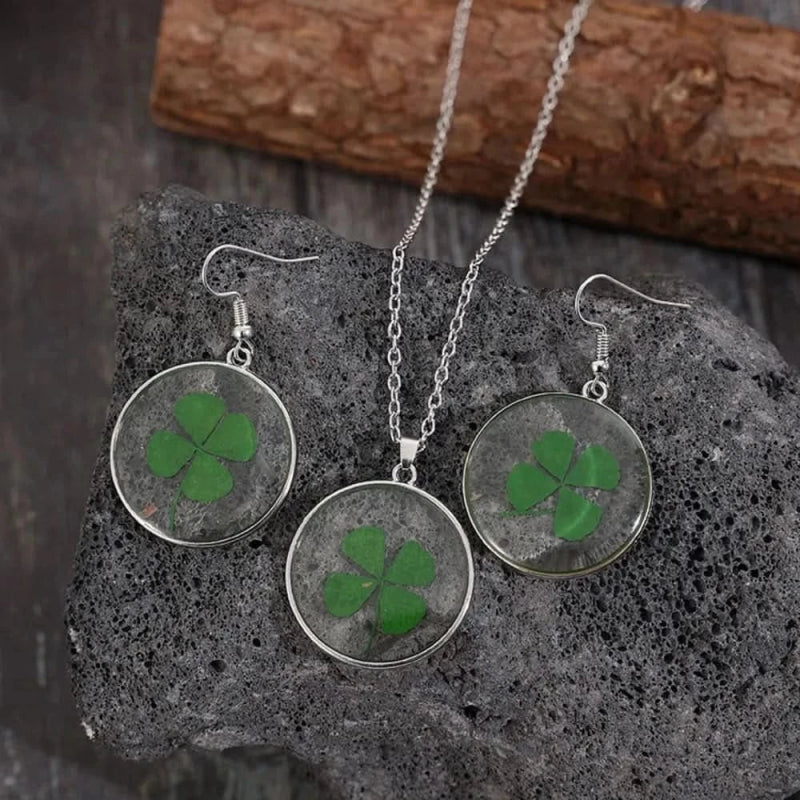 Lucky Clover Alloy Acrylic Earrings and Necklace Jewelry Set - ShalayeFashion