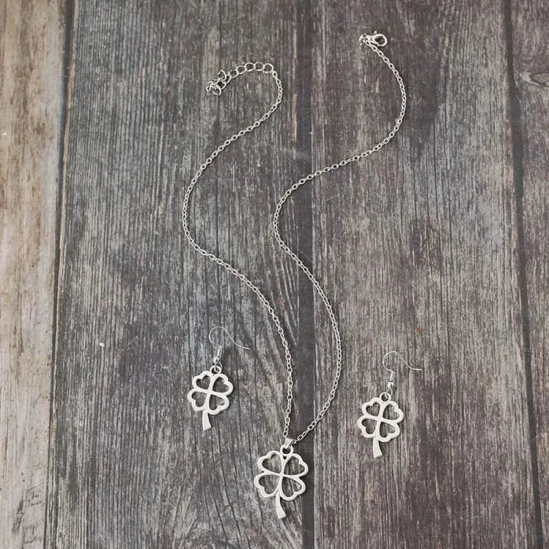 Lucky Clover Alloy Earrings and Necklace Jewelry Set - ShalayeFashion