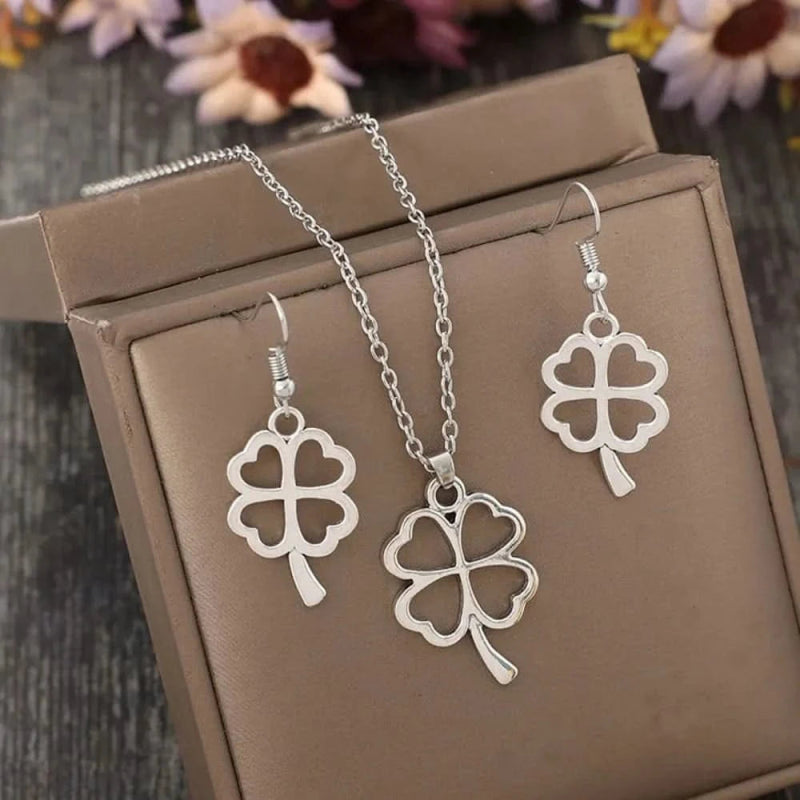 Lucky Clover Alloy Earrings and Necklace Jewelry Set - ShalayeFashion