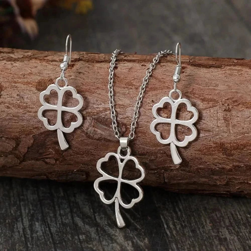 Lucky Clover Alloy Earrings and Necklace Jewelry Set - ShalayeFashion