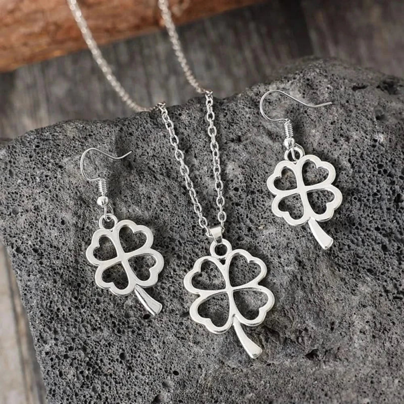 Lucky Clover Alloy Earrings and Necklace Jewelry Set - ShalayeFashion
