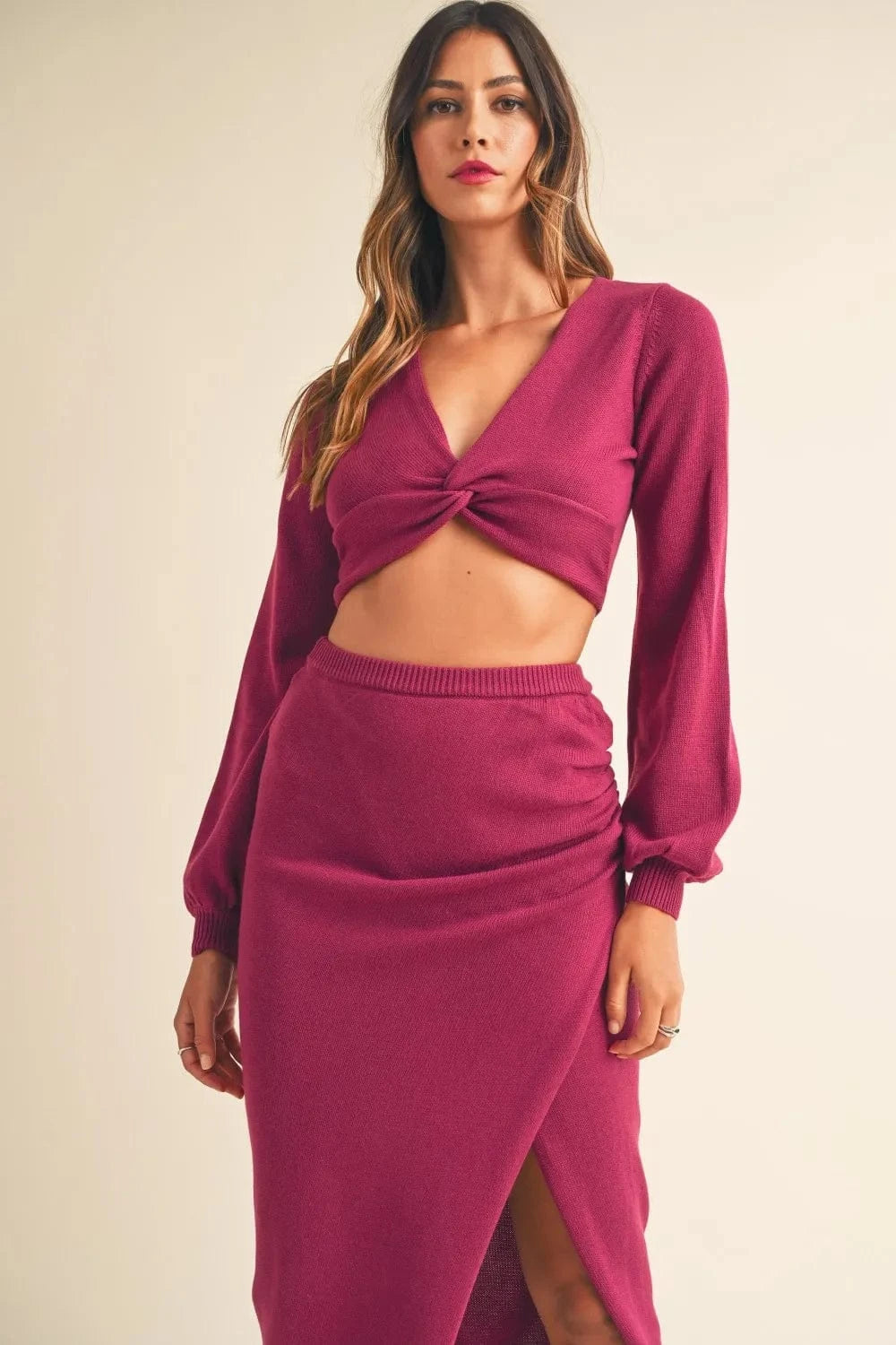 Luxe Twisted Knit Top & Midi Skirt Set - ShalayeFashion