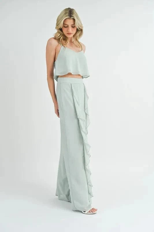 MABLE Crop Cami and Ruffled Wide Leg Pants Set - ShalayeFashion