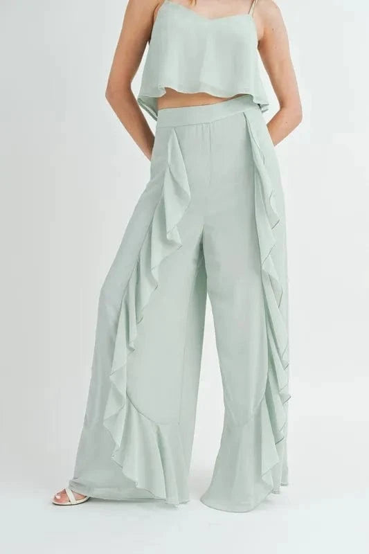 MABLE Crop Cami and Ruffled Wide Leg Pants Set - ShalayeFashion