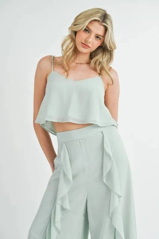 MABLE Crop Cami and Ruffled Wide Leg Pants Set - ShalayeFashion