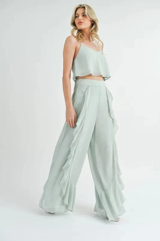 MABLE Crop Cami and Ruffled Wide Leg Pants Set - ShalayeFashion