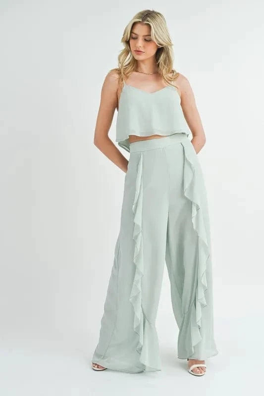 MABLE Crop Cami and Ruffled Wide Leg Pants Set - ShalayeFashion