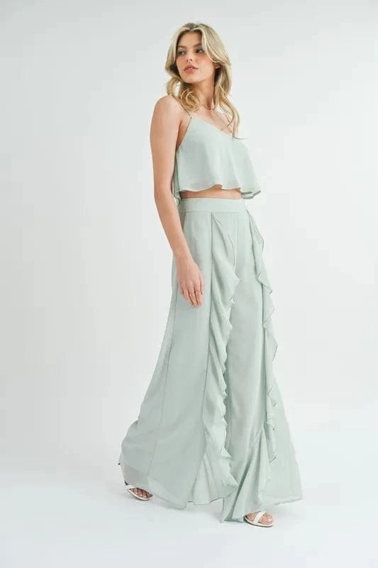 MABLE Crop Cami and Ruffled Wide Leg Pants Set - ShalayeFashion