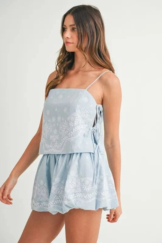 MABLE Embroidered Crop Cami and Balloon Mini Skirt Set - ShalayeFashion