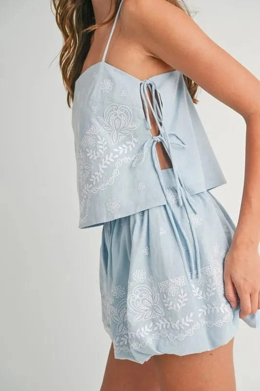 MABLE Embroidered Crop Cami and Balloon Mini Skirt Set - ShalayeFashion