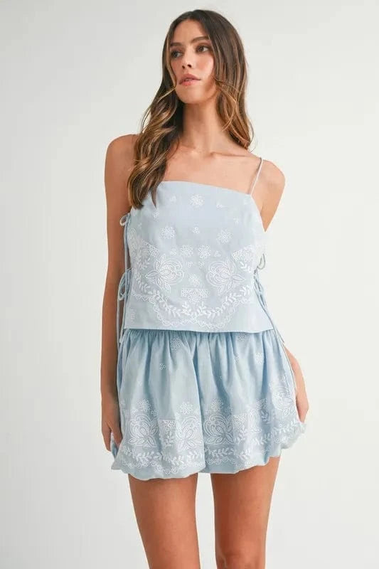 MABLE Embroidered Crop Cami and Balloon Mini Skirt Set - ShalayeFashion