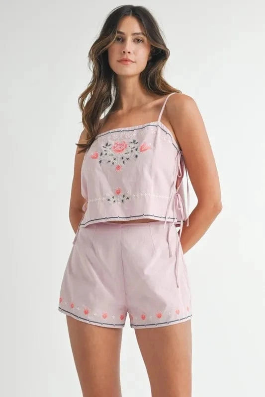MABLE Embroidered Crop Top and Shorts Set - ShalayeFashion
