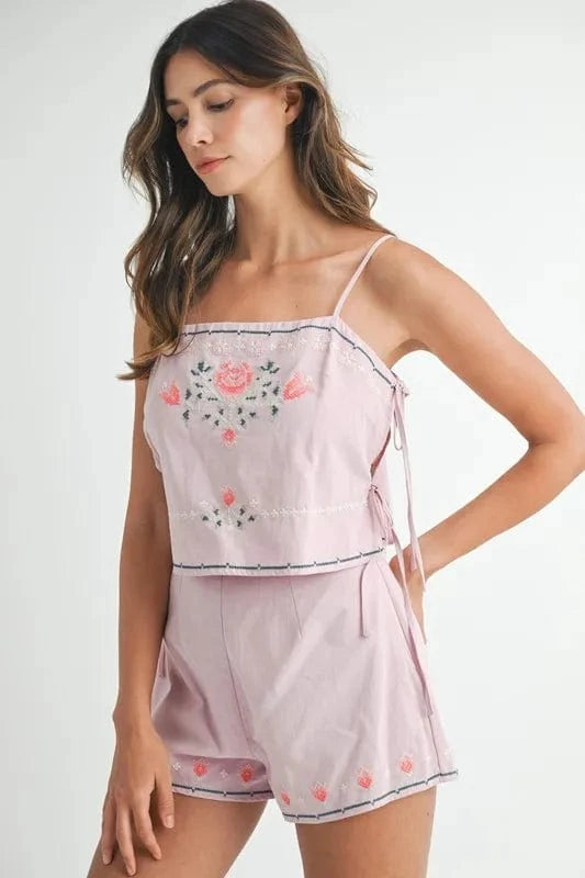 MABLE Embroidered Crop Top and Shorts Set - ShalayeFashion