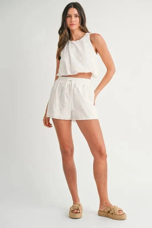 MABLE Eyelet Bubble Hem Sleeveless Top and Shorts Set - ShalayeFashion