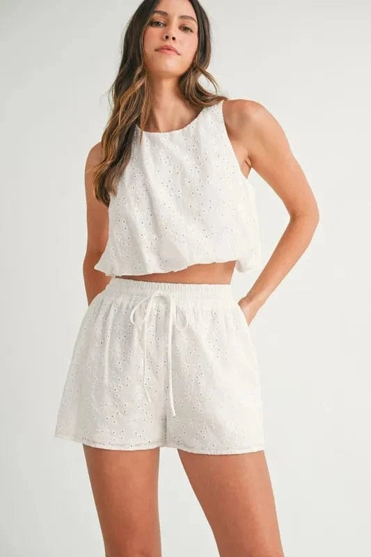 MABLE Eyelet Bubble Hem Sleeveless Top and Shorts Set - ShalayeFashion