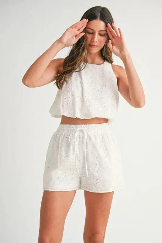MABLE Eyelet Bubble Hem Sleeveless Top and Shorts Set - ShalayeFashion