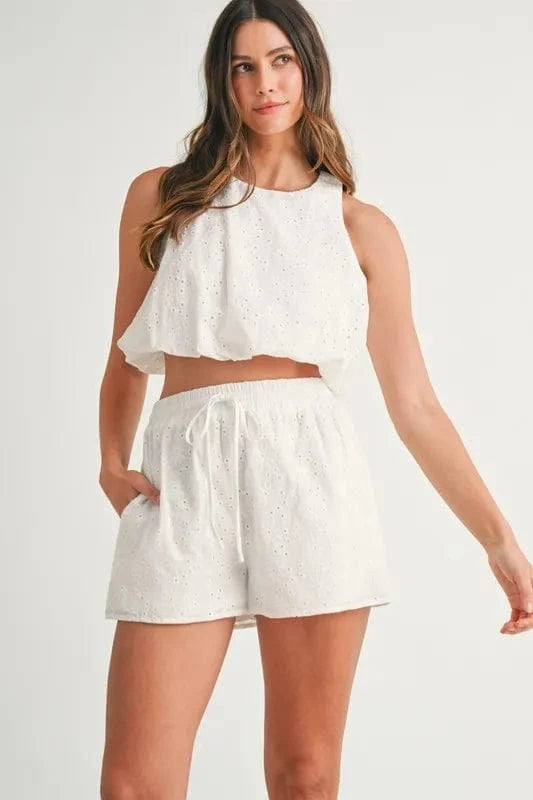 MABLE Eyelet Bubble Hem Sleeveless Top and Shorts Set - ShalayeFashion