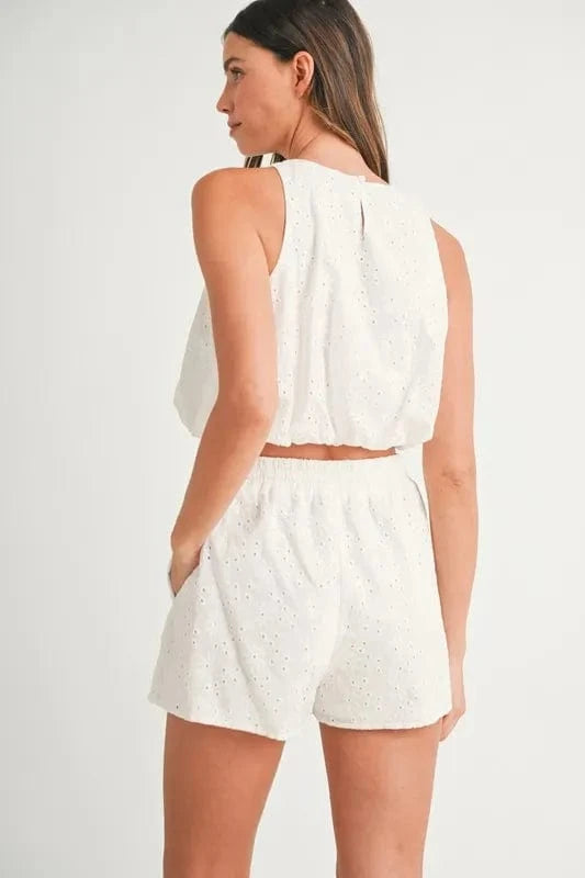MABLE Eyelet Bubble Hem Sleeveless Top and Shorts Set - ShalayeFashion