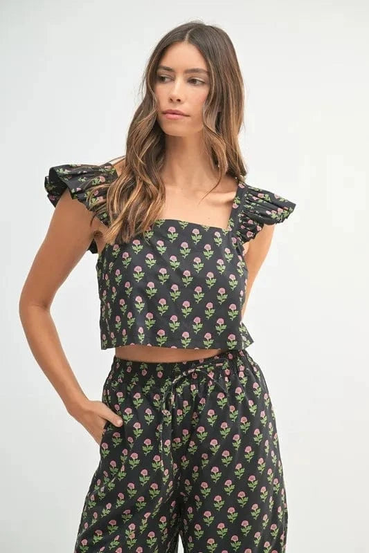 MABLE Floral Print Ruffle Top and Pants Set - ShalayeFashion