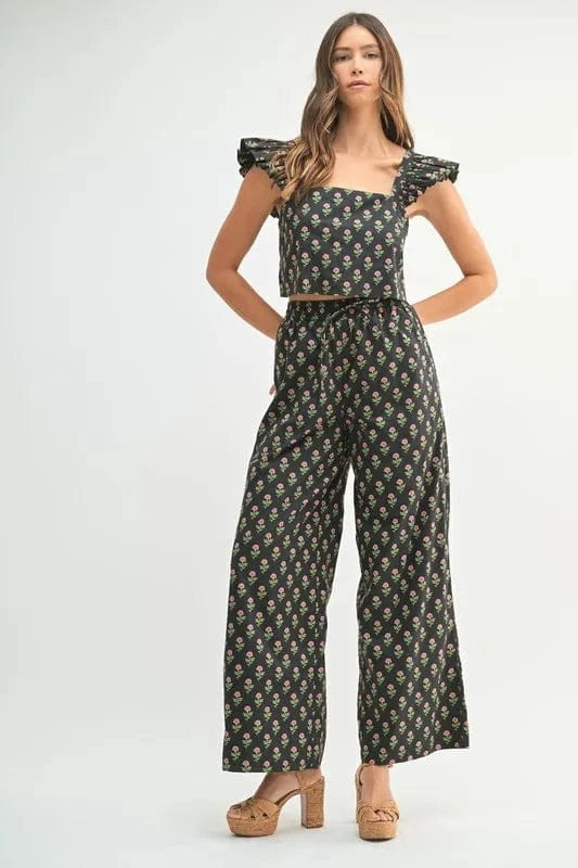 MABLE Floral Print Ruffle Top and Pants Set - ShalayeFashion