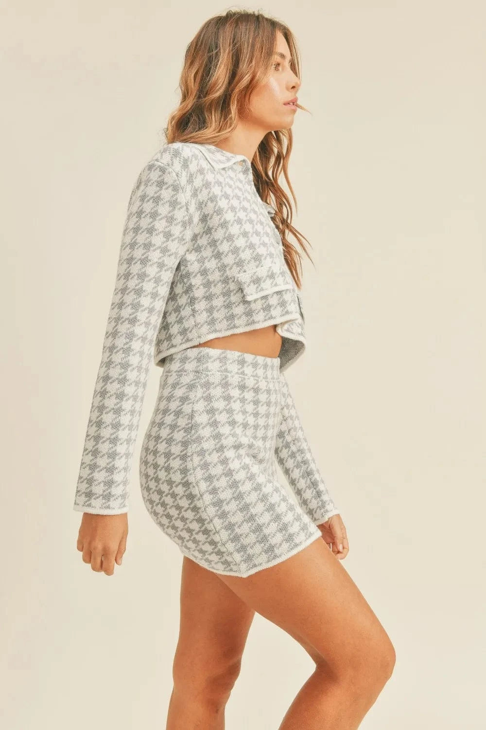 MABLE Houndstooth Cropped Knit Cardigan and Mini Skirt Set - ShalayeFashion