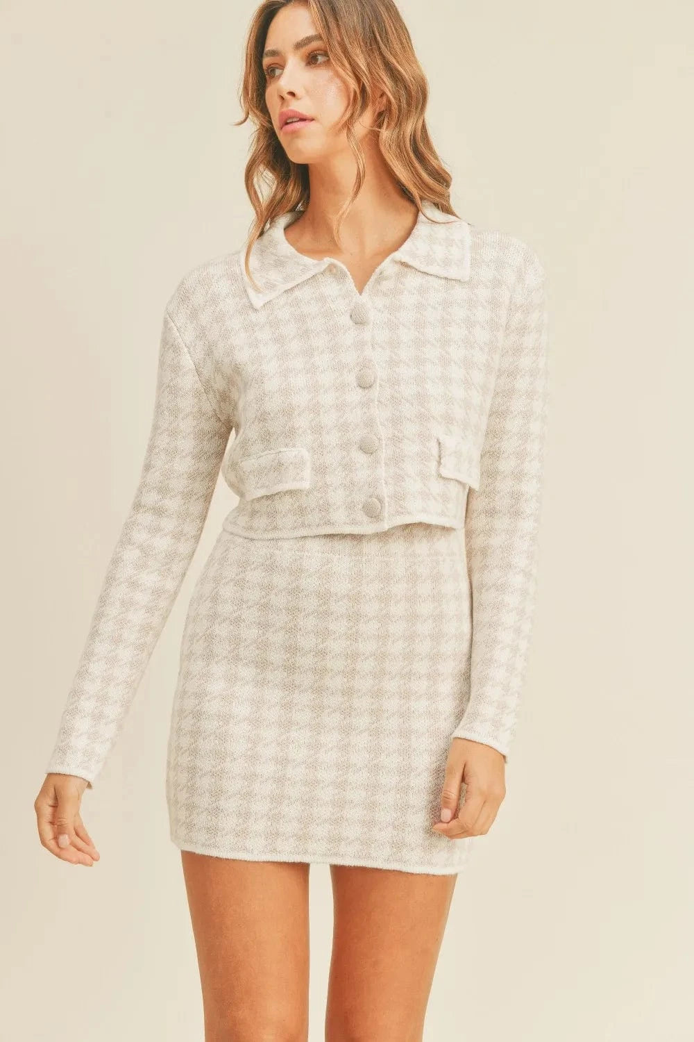 MABLE Houndstooth Cropped Knit Cardigan and Mini Skirt Set - ShalayeFashion