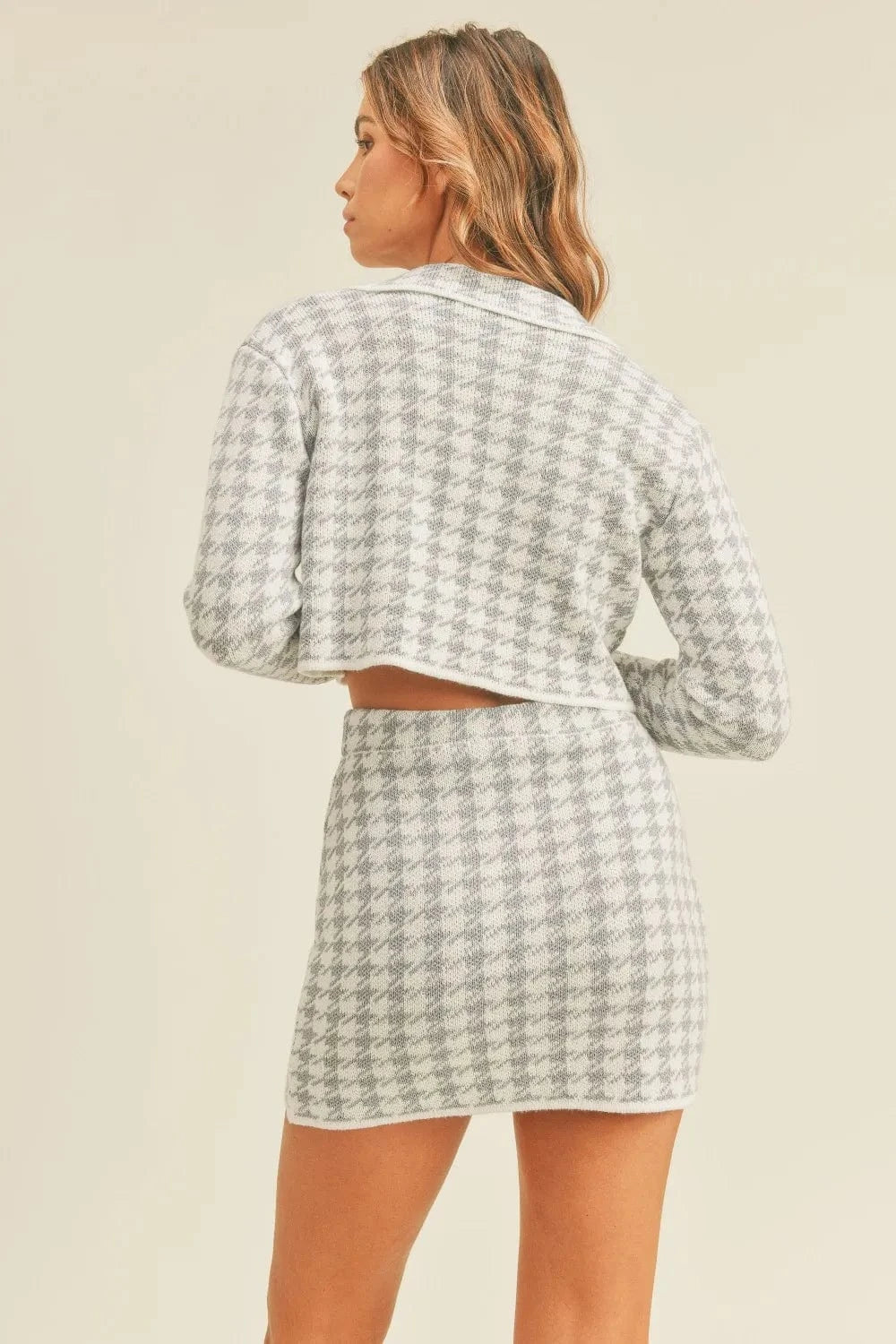 MABLE Houndstooth Cropped Knit Cardigan and Mini Skirt Set - ShalayeFashion