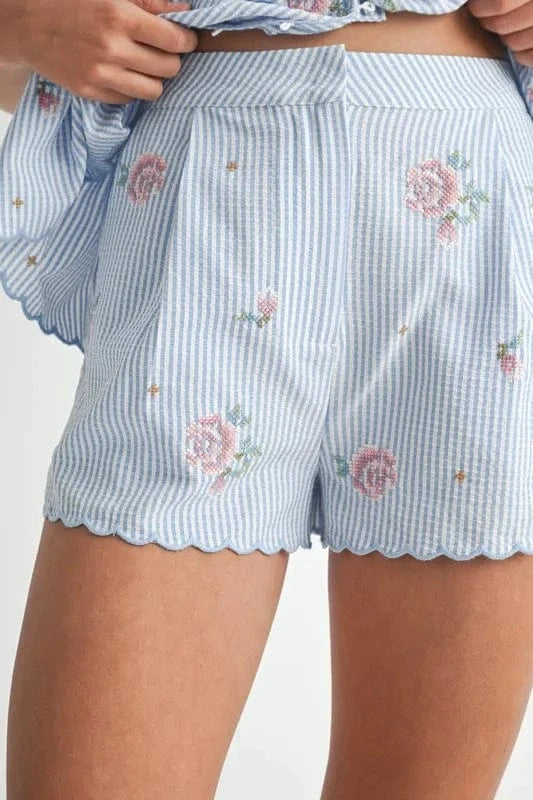 MABLE Stripe Embroidered Peplum Cami and Shorts Set - ShalayeFashion