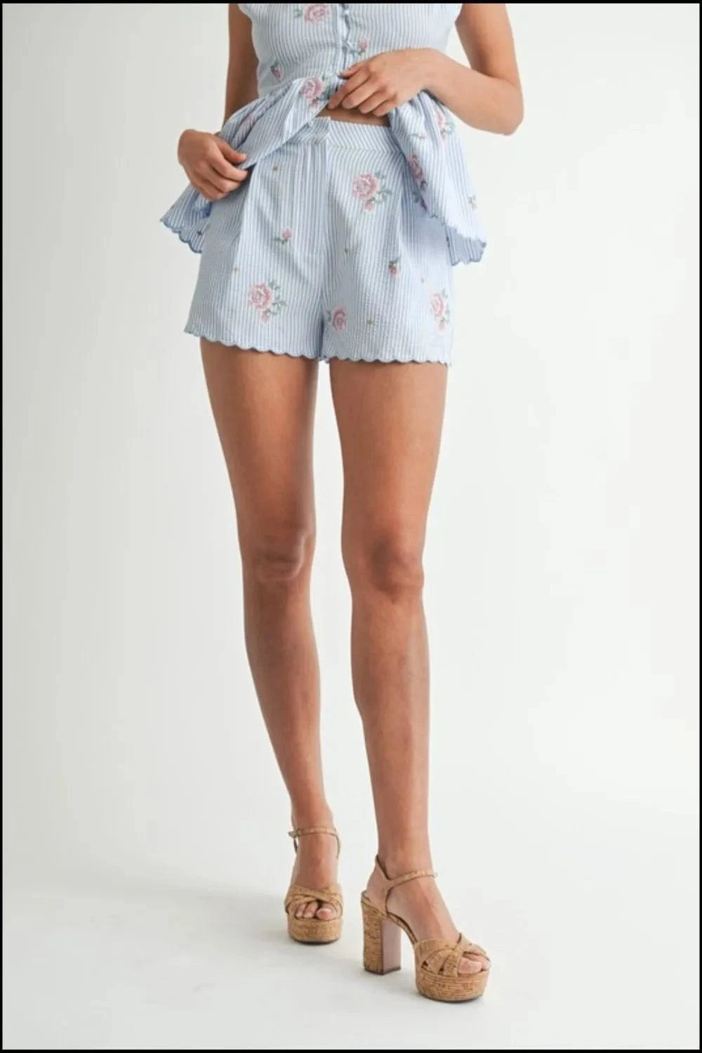 MABLE Stripe Embroidered Peplum Cami and Shorts Set - ShalayeFashion