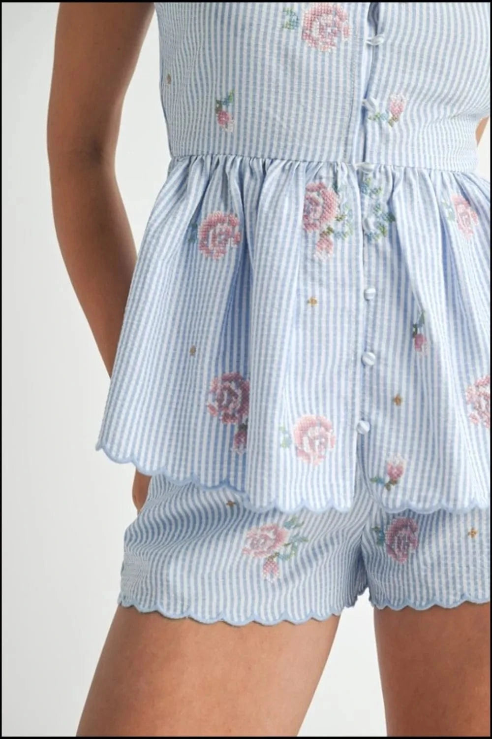 MABLE Stripe Embroidered Peplum Cami and Shorts Set - ShalayeFashion