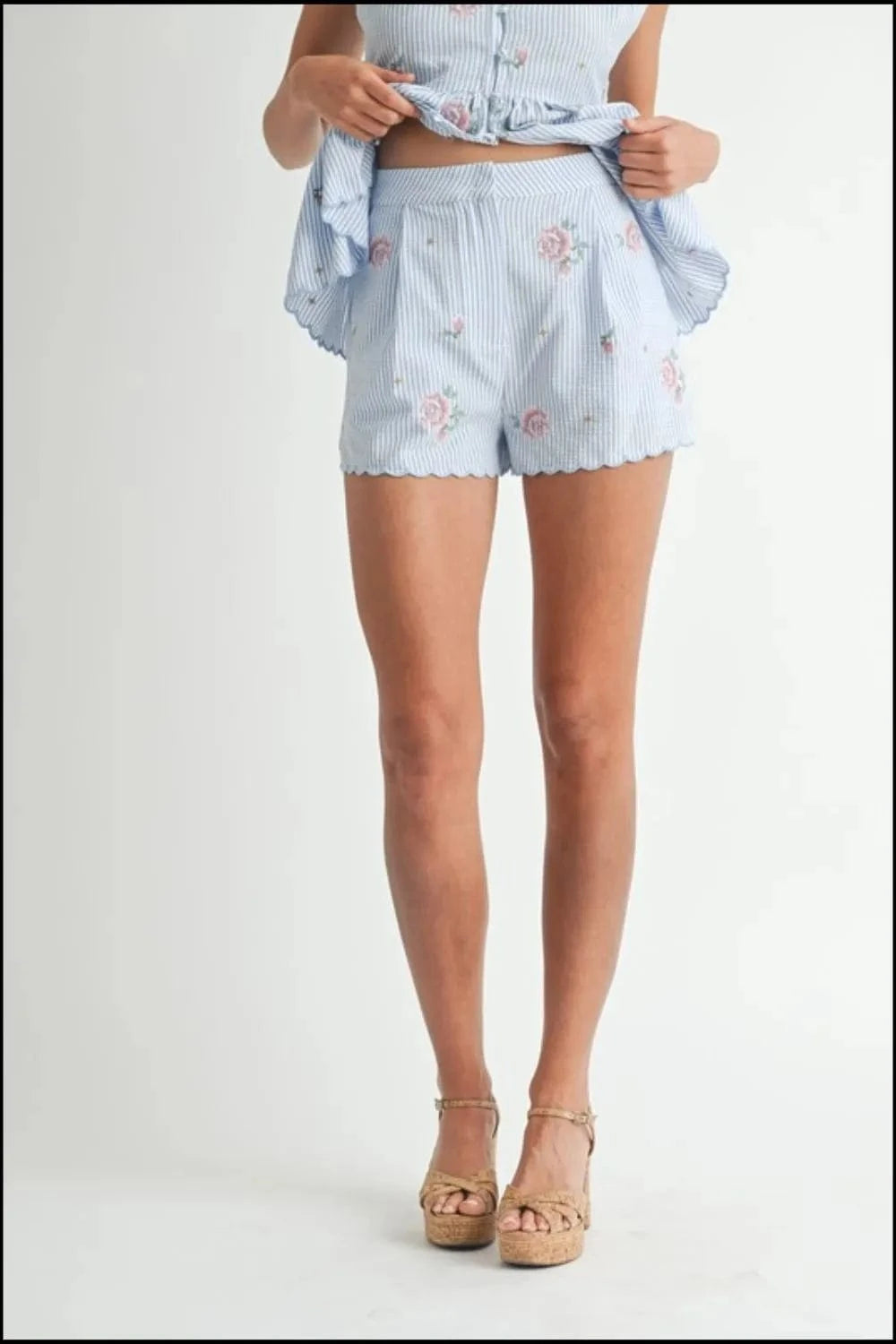 MABLE Stripe Embroidered Peplum Cami and Shorts Set - ShalayeFashion