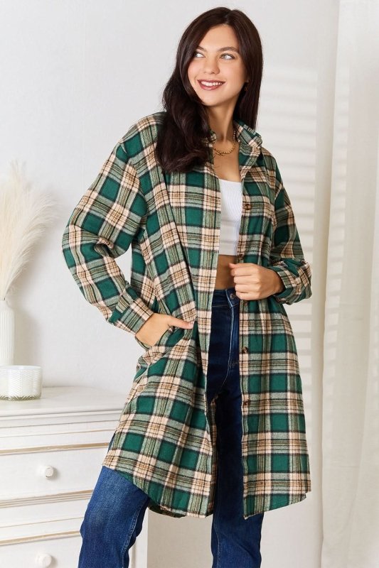 Mandy Plaid Collared Neck Long Sleeve Shirt - ShalayeFashion
