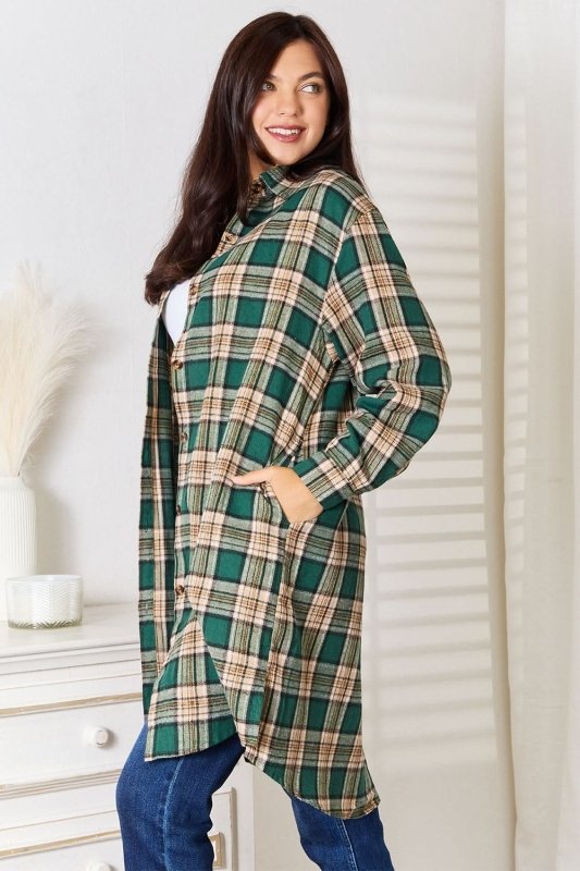 Mandy Plaid Collared Neck Long Sleeve Shirt - ShalayeFashion