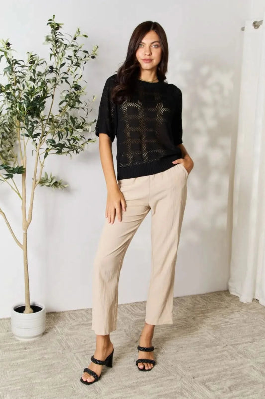 Mandy Ribbed Trim Round Neck Knit Top - ShalayeFashion