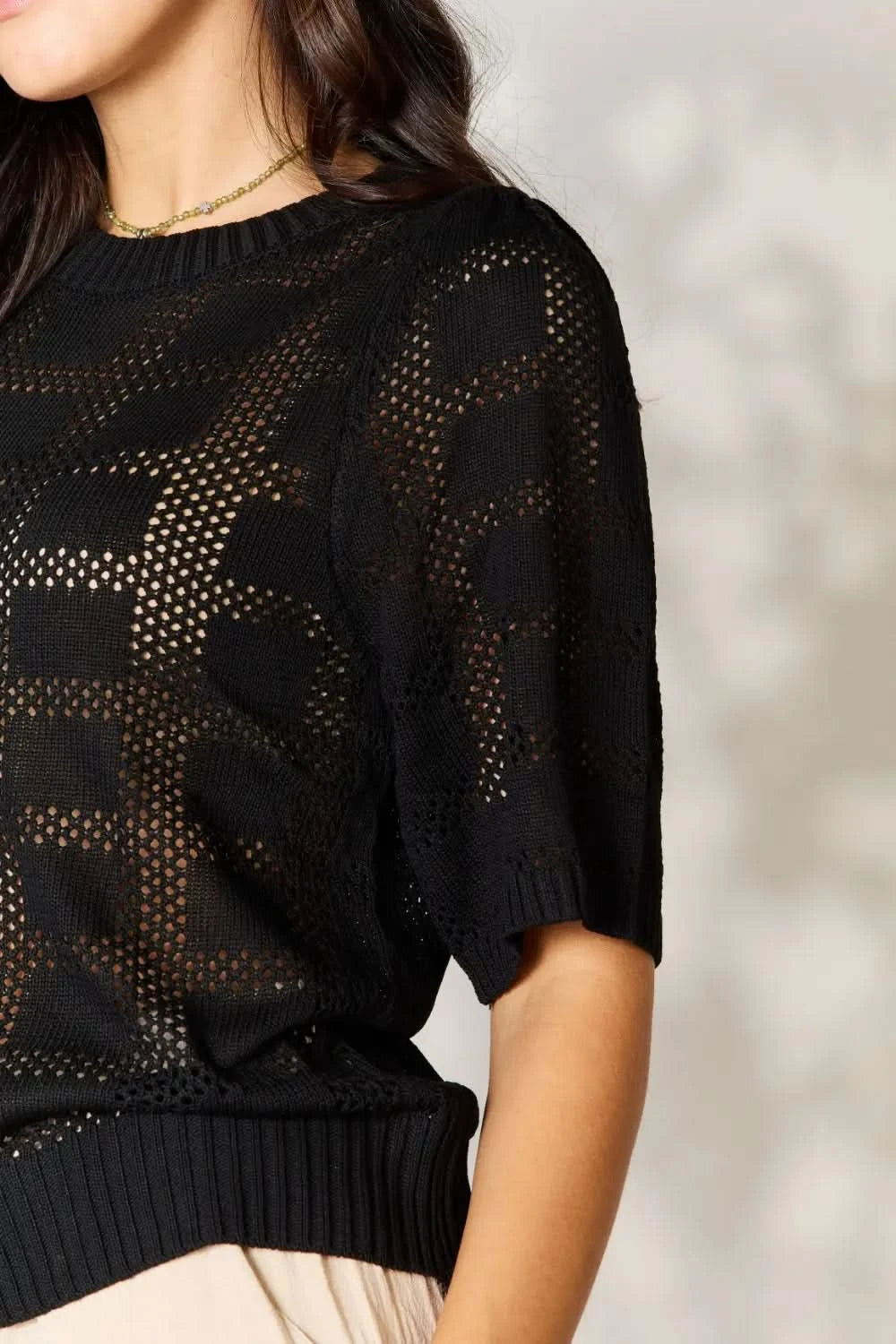 Mandy Ribbed Trim Round Neck Knit Top - ShalayeFashion