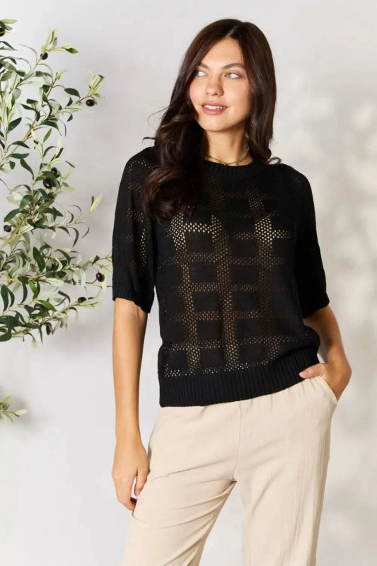 Mandy Ribbed Trim Round Neck Knit Top - ShalayeFashion