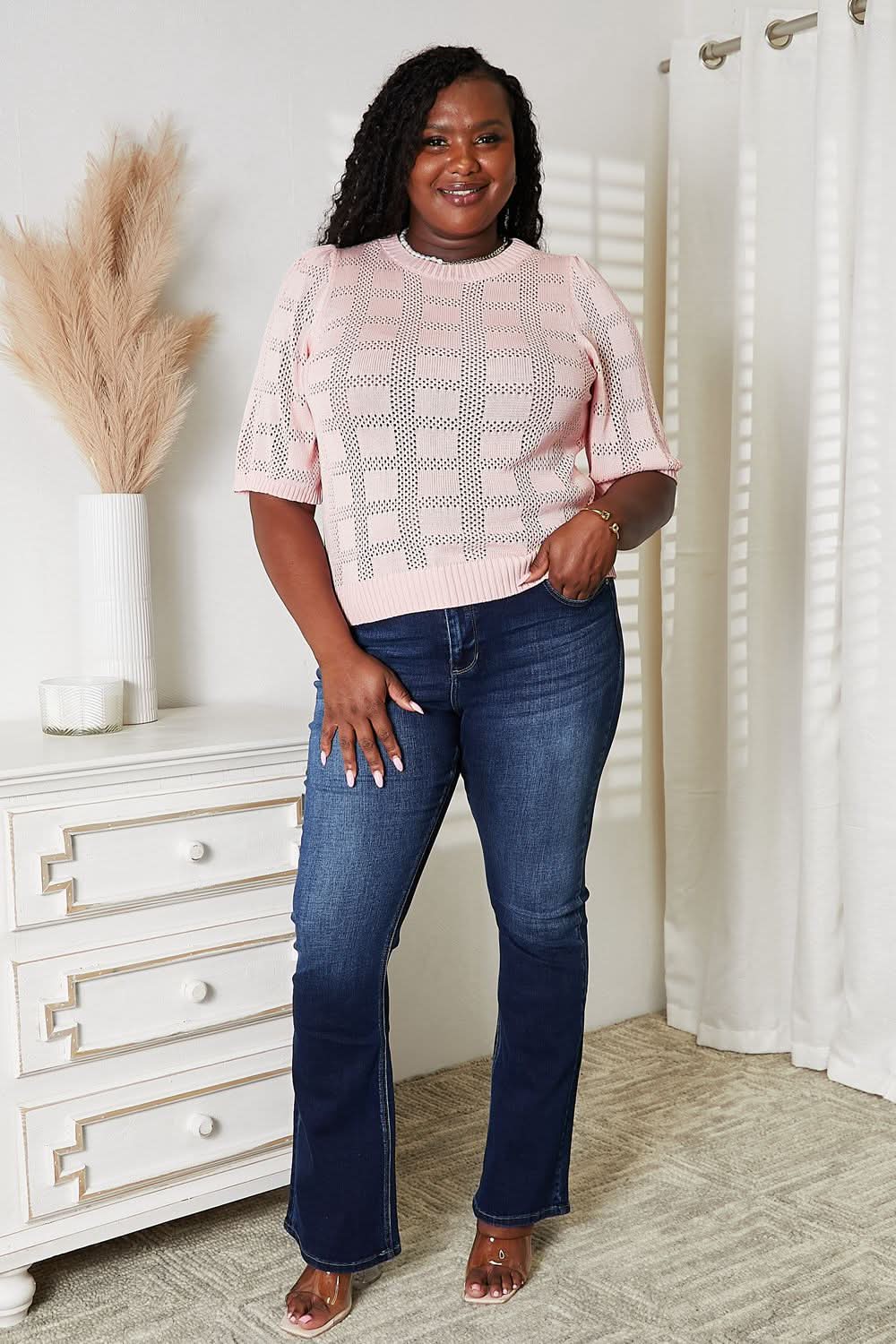 Mandy Ribbed Trim Round Neck Knit Top - ShalayeFashion