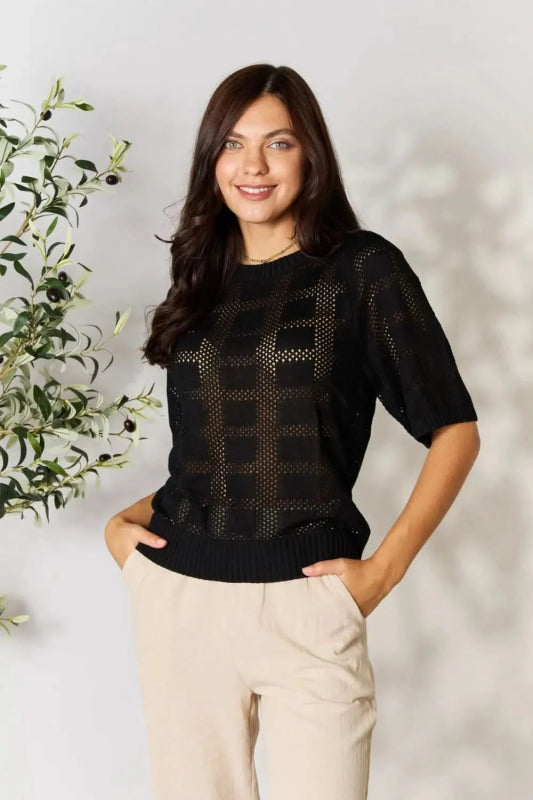 Mandy Ribbed Trim Round Neck Knit Top - ShalayeFashion
