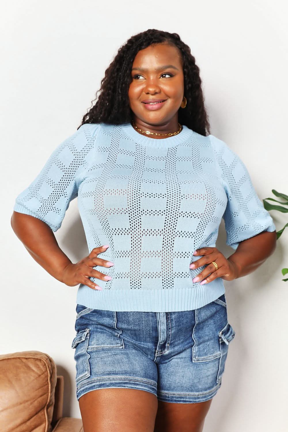 Mandy Ribbed Trim Round Neck Knit Top - ShalayeFashion