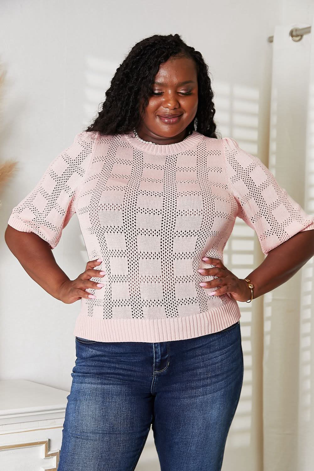 Mandy Ribbed Trim Round Neck Knit Top - ShalayeFashion