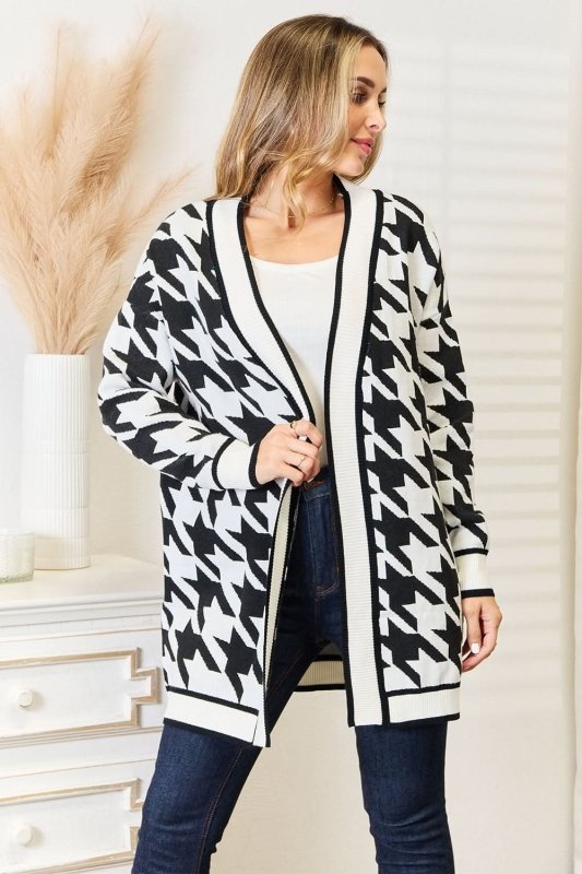 Mandy Woven Right Houndstooth Open Front Longline Cardigan - ShalayeFashion